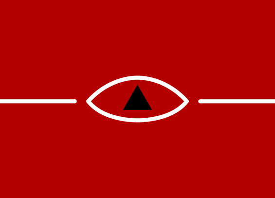 a flag with an approximately 1:0.72 width to height ratio, corresponding to the proportions of the binocular visual field, consisting of:
- white horizontal interrupted line, THE HORIZON: you can't fly unless you know where you are pointed at
- white centered outline of an eye, THE EYE: you can't live without total awareness of your surroundings
- black triangle facing up in the center where the pupil would be, THE OBJECT: you are nothing but a means to an end
- red or green background, THE LIFE: blood and will are the basis of your existence itself

the red and green versions are equivalent: your fate is sealed, and you have nowhere to run from yourself. also, colorblind accessibility!