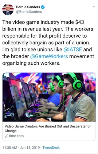 Bernie Sanders campaigning to let game creators unionise