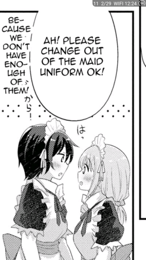 Two lesbian teachers being told to change out of their maid cafe uniforms at the end of their shift, apparently because the cafe doesn't have enough. They both look surprised and distraught