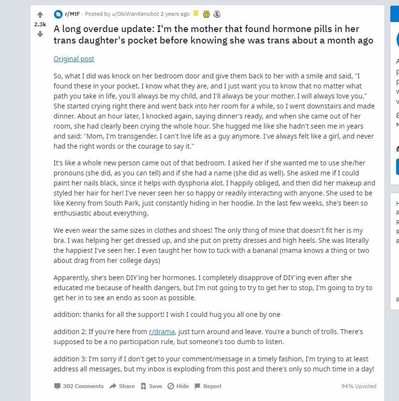 Image 2. The mother handed the daughter the pills back claiming to know what they are. The daughter cried for an hour and then came out. The mother was apparently super supportive and even taught the kid how to tuck and now I'm crying