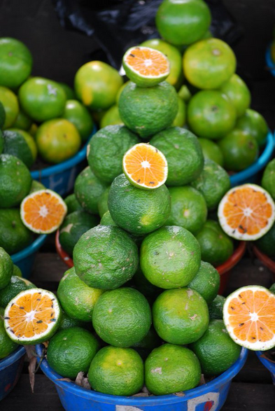 A photo of cut orange fruit in Thailand in plastic buckets. Despite the deep green peel, the fruit is ripe and you can see the rich orange color of the fruit inside. 
