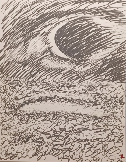 This shows a dreamscape with an open eye made by the moon in the sky and a closed eye made by a wave, as though the dreamer has gone under.