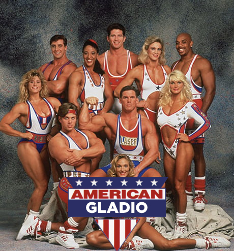 A photoshopped photo of 10 male and female bodybuilders in American themed skimpy outfits in front of a stylized American flag shield design that says "American Gladio", a reference to Operation Gladio, a NATO Cold War era false flag operation in Europe to equip the worst right wing elements to do terrorism on their own people in order to drive people away from the left towards militarization and surveillance. 