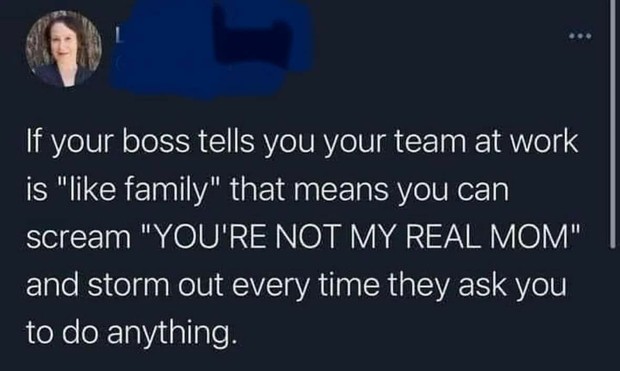 If your boss tells you your team at work is "like family" that means you can scream "YOU'RE NOT MY REAL MOM" and storm out every time they ask you to do anything.