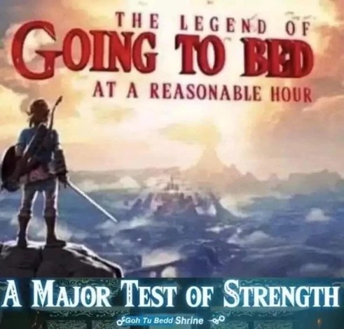 An edited promo photo of Breath of the Wild with the text changed to “The Legend of Going to Bed At A Reasonable Hour”

with the game’s shrine text below saying “A Major Test of Strength: Goh Tu Bedd Shrine”