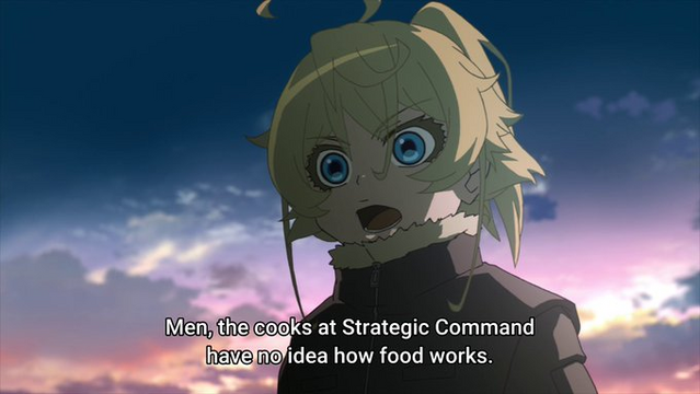 A screenshot from the TV anime special episode of "The Saga of Tanya the Evil" showing the protagonist, Tanya, a young blond girl who joins the military due to her immense magical potential despite being in a child, in a military pilot's uniform, against a sunrise backdrop announcing, "Men, the cooks at Strategic Command have no idea how food works." 