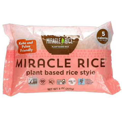 A bag of konjac root orzo pasta labeled "Miracle Rice, plant based rice style, 5 calories per serving" with a side label of "keto and paleo friendly" 
