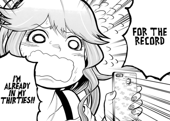 A panel from the horror comic Murcielago Arana featuring "The boss" of the Chinese Mafia, a young woman with dyed hair a spaghetti strap underdress and an off-the shoulder top, holding up her cute smartphone with a bullet hole through it as she screams "For the record, I'm already in my thirties"
