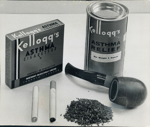 2 packets of dried plant leaves from Kellog's, one in a can labeled Asthma Relief with a pipe and loose plant matter, and another which looks like a cigarette but the box says "Asthma Cigarettes"