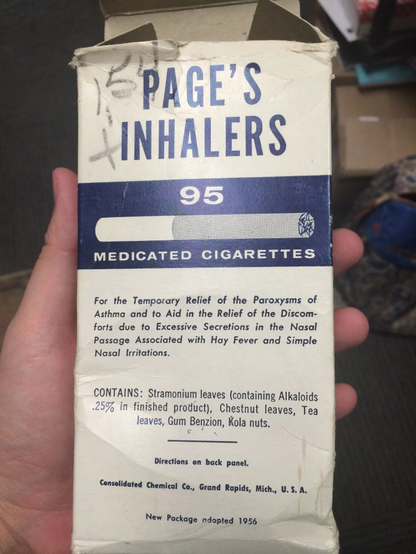 A package of Page's Inhalers with 95 medicated cigarettes, and instructions include "for the temporary relief of the paroxysms of asthma and to aid it the relief of the discomforts due to excessive secretions in the nasal passage associated with hay fever and simple nasal irritations."

The ingredients include Jimsonweed (Stramonium), chestnut leaves, tea leaves, gum benzoin, and kola nuts which contain caffeine. 