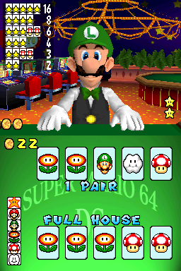 screenshot of super mario 64 picture poker, featuring luigi as the card dealer