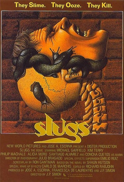 Movie poster for "Slugs" (1988) an illustration of a man with slugs crawling in and out his skull