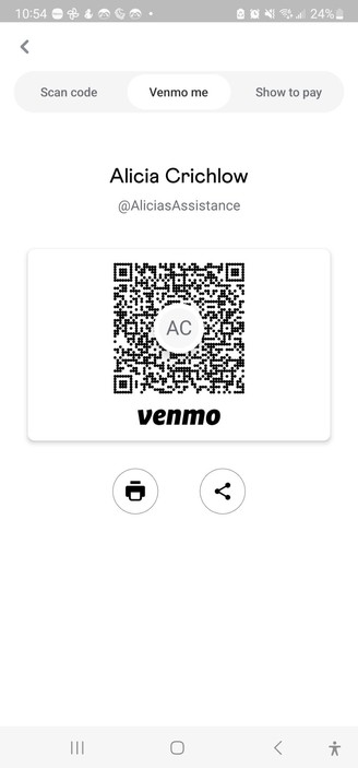 Screenshot of a Venmo QR code. 
Alicia Chrichlow
@AliciasAssistance