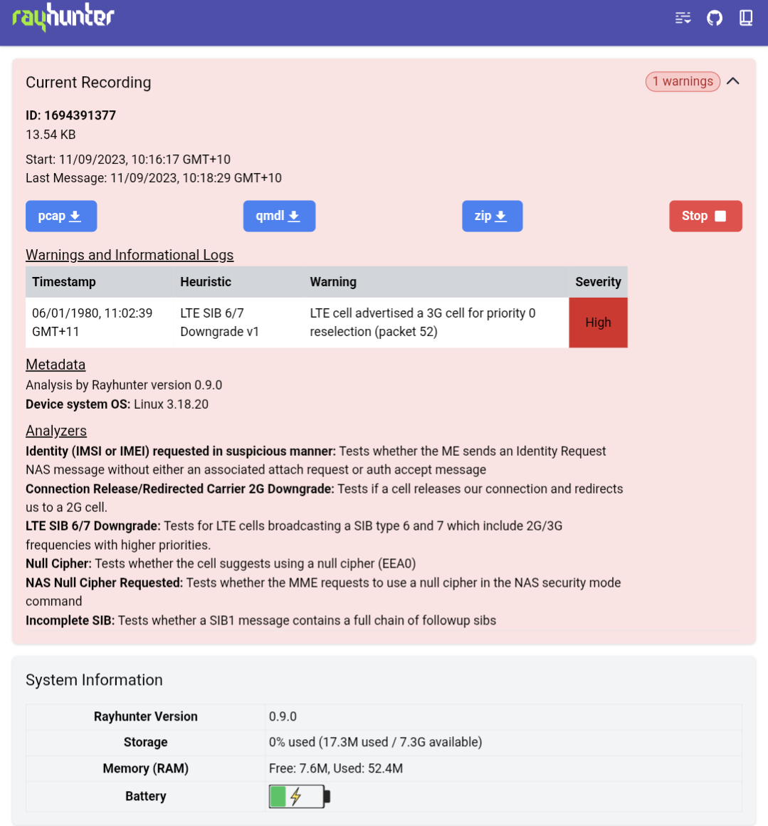 A screenshot from the Rayhunter UI. It shows a high severity warning based on the "LTE SIB 6/7 Downgrade V1" heuristic.