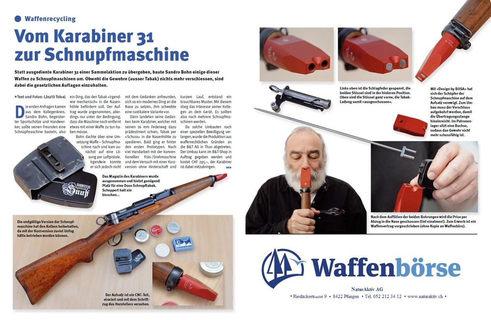 An advertisement in Swiss German for the Vom Karabiner 31 zur Schnupfmaschine. It's a special red muzzle device with 2 holes for our nose, and it uses the spring energy of the rifle that normally strikes the primer to fire the bullet to instead push 2 pistons to launch powdered drugs into your nose by putting your nose against the muzzle and pulling the trigger.