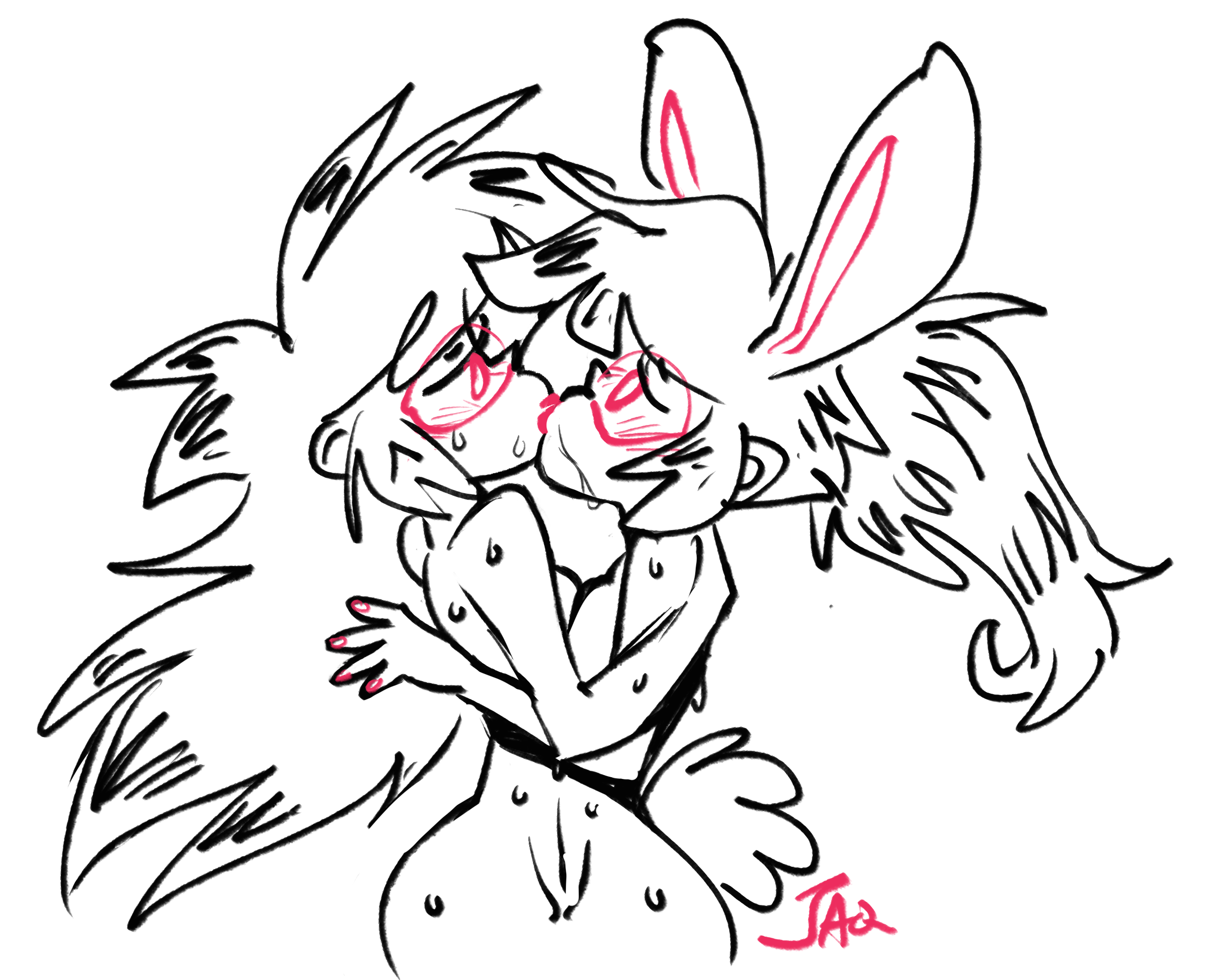 Human Jaq & Bunny Jaq both naked & kissing pressed up against each other yayy